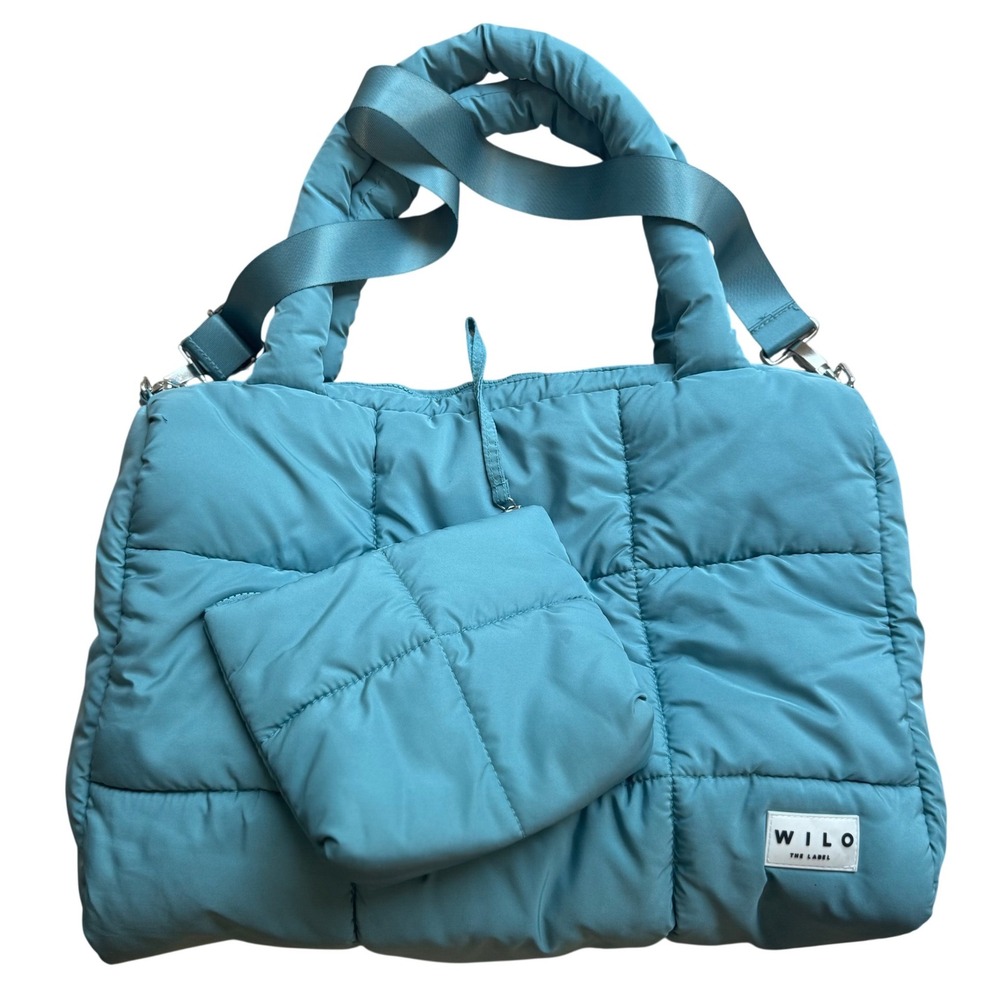 Wilo The Label Quilted Puffer Tote Bag Teal Removable Strap & Luggage Sleeve